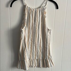 Nine West White Halter Striped Ruffle Tank with Gold Accents